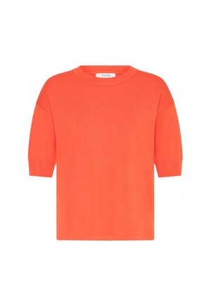 Krátky rukáv, jasne oranžový pletený sveter s okrúhlym výstrihom a rebrovanými manžetami a lemom.