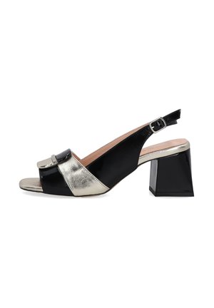 Black and metallic silver slingback heel with a block heel, open toe, and glossy textures. Features a decorative buckle on the upper.