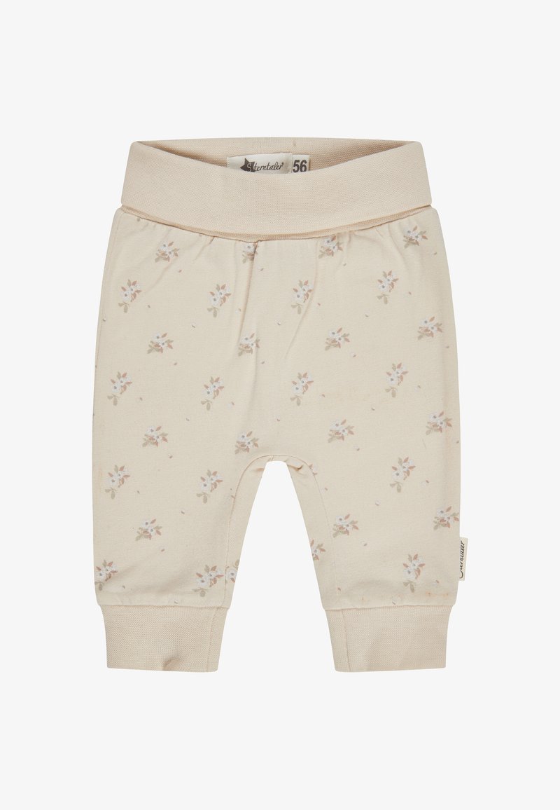 Beige Babypants aus weichem Baumwollmaterial, mit einem floralen Muster in Pastellfarben, elastischem Bund und gerippten Bündchen.