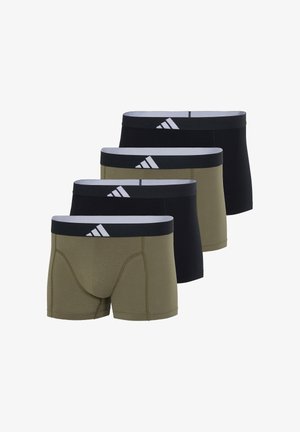 Cztery pary męskich bokserek w naprzemiennych kolorach czarnym i oliwkowym, każda z czarnym pasem ze znakiem Adidas w kolorze białym.