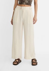 Beige wide-leg pants with pleats, two-button closure, and a lightweight linen material. Featured with brown studded sandals.
