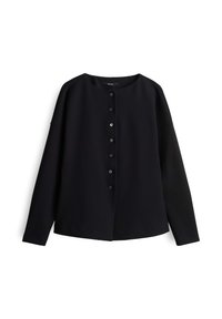 Top lungo nero a maniche lunghe con scollo tondo, chiusura frontale con bottoni e vestibilità comoda. Realizzato in un tessuto liscio con una finitura leggermente texturizzata.