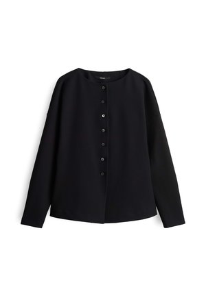 Top lungo nero a maniche lunghe con scollo tondo, chiusura frontale con bottoni e vestibilità comoda. Realizzato in un tessuto liscio con una finitura leggermente texturizzata.