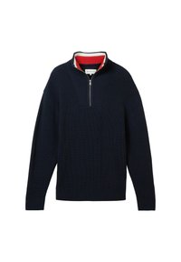 Dunkelblau gestrickter Pullover mit einem Viertel-Reißverschluss, der ein einfarbiger Schnitt und ein kontrastierendes rotes Innenkragen-Detail aufweist.