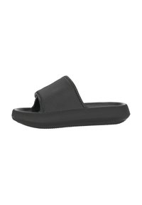 Black slide sandals with a textured strap and a contoured sole. Open-toe design with a low profile and smooth finish. Ideal for casual wear.