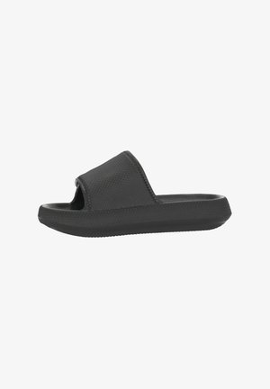 Black slide sandals with a textured strap and a contoured sole. Open-toe design with a low profile and smooth finish. Ideal for casual wear.