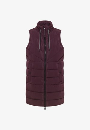 Padded sleeveless vest w ciemnofioletowym kolorze, z wysokim kołnierzem, zamkiem z przodu oraz kontrastowymi sznurkami do regulacji, z pionowymi szwami dekoracyjnymi.