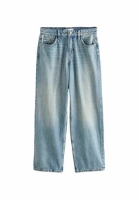 Heledad sinised denim teksad lõdva lõikega, sirged jalgadega, viie taskuga ja nööbikinnitusega. Pleekinud pesu koos õrnade kulumisdetailidega.