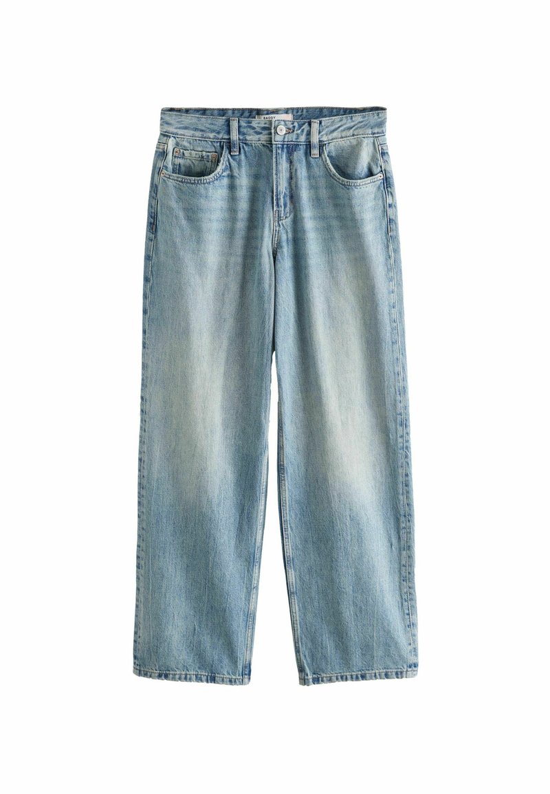 Heledad sinised denim teksad lõdva lõikega, sirged jalgadega, viie taskuga ja nööbikinnitusega. Pleekinud pesu koos õrnade kulumisdetailidega.