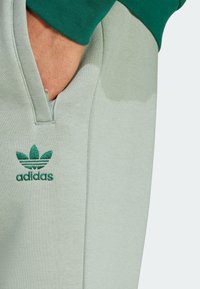 Lätt grön sweatshirt med dragkedja i halsen, med en mörkgrön Adidas-logotyp och ribbad krage. Mjuk textur med avslappnad passform.