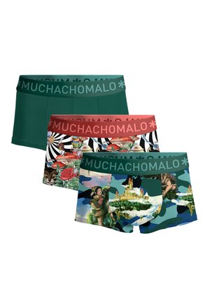 Tri boxerky pre mužov so širokým pásom s logom; jeden zelený, jeden s motívom húb a ruží, jeden s fantasy krajinou a postavami.