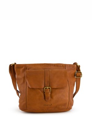 Brown leather shoulder bag with a front flap pocket, metal buckle closure, and adjustable strap. Smooth texture and minimal design.