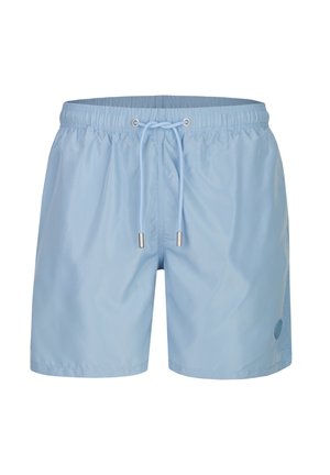 Hellblaue Herren-Badeshorts mit elastischem Bund, verstellbarem Kordelzug mit Metallenden und kleinem Logo am rechten Bein.