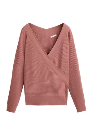 Pull en tricot côtelé mauve avec un décolleté en V profond et un design à envelopper, à manches longues, présentant un large ourlet et des poignets.