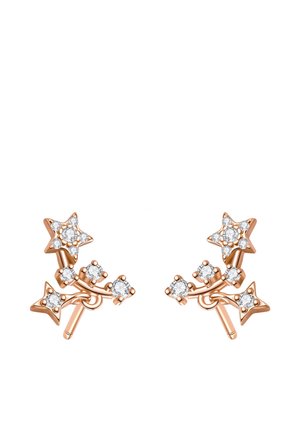 Rose gold star-shaped earrings adorned with small clear gemstones arranged in floral clusters.