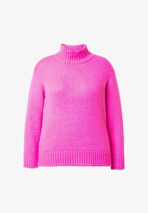 Maglione a collo alto in maglia fucsia con una vestibilità ampia, polsini e orlo a coste, caratterizzato da un motivo testurizzato su tutta la superficie del tessuto.