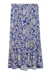 Gonna blu con motivo paisley e accenti floreali, caratterizzata da un fondo svasato e tessuto leggero. L'orlo scende sul retro.