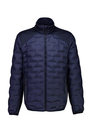 Marineblauwe pufferjack met gequiltde textuur, hoge kraag, rits aan de voorkant en contrasterende gladde schouder- en zijkanten. Voorzien van zijzakken.