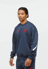 Marineblauwe sweatshirt met rode accenten, voorzien van een ronde halslijn en witte strepen op de mouwen. Het materiaal lijkt zacht met een casual pasvorm.