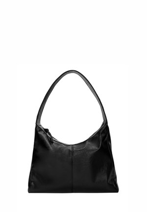Sac à bandoulière en cuir noir avec une seule bandoulière courbée et une fermeture éclair, design simple, texture douce et forme légèrement affaissée.