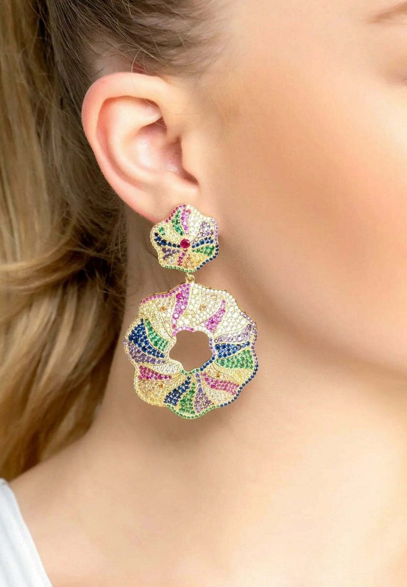 Gold-tone flower earrings with colorful crystal embellishments; features a floral shape and a layered design with a central opening.