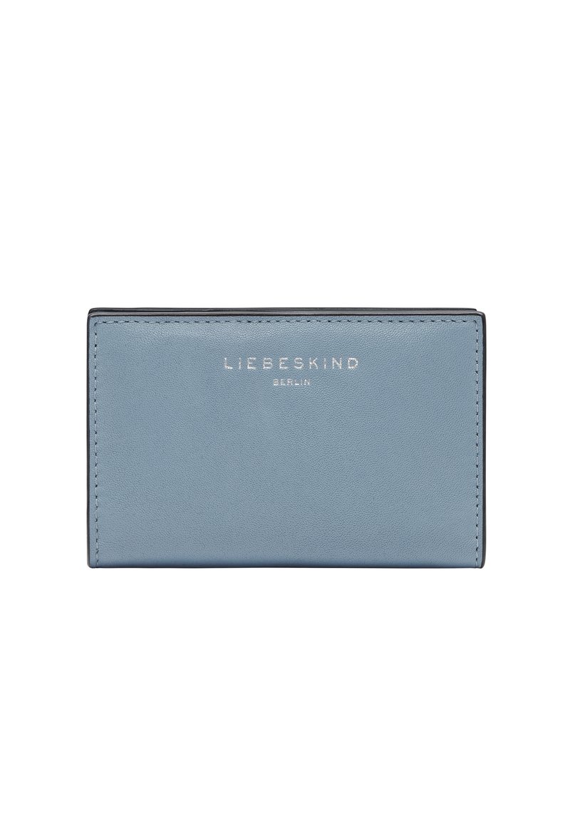 Portafoglio in pelle blu con texture liscia, con logo embossato "LIEBESKIND" in argento. Forma rettangolare compatta con bordi puliti.