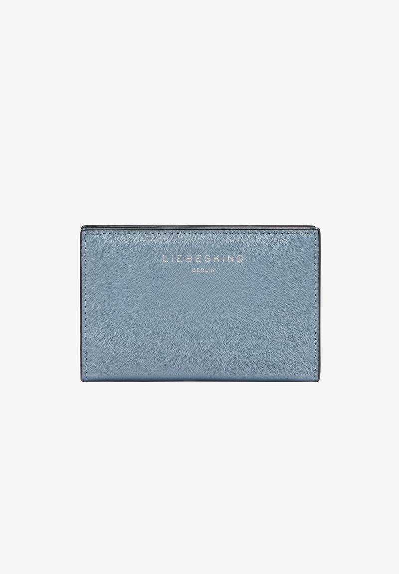 Portafoglio in pelle blu con texture liscia, con logo embossato "LIEBESKIND" in argento. Forma rettangolare compatta con bordi puliti.