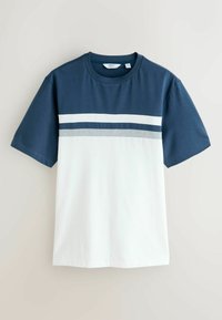 Katoenen T-shirt met een ronde hals, voorzien van horizontale strepen in marineblauw, wit en grijs. Korte mouwen, relaxte pasvorm, gladde textuur.