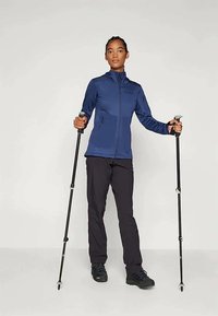 Casaco azul com fecho éclair e gola alta, calças pretas e bastões de trekking; vestuário feito para atividades ao ar livre. Tecido suave, design ajustado.