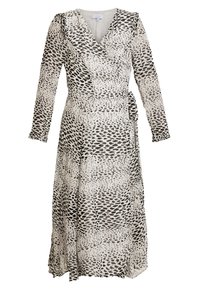 Schwarzes und cremefarbenes gemustertes Wickelkleid mit langen Ärmeln, Rüschendetails und einem Bund zum Binden. Hergestellt aus leichtem Stoff mit einer fließenden Silhouette.