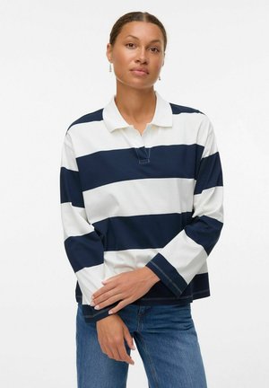 Poloshirt met lange mouwen in marineblauw en witte strepen, met een kraag, stevige stof en contrasterende manchetten met zichtbare stiksels.