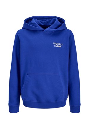 Mėlynas džemperis su gobtuvu, priekyje kišenė ir baltas užrašas „ORIGINALS Studio“ kairėje krūtinės pusėje, ilgos rankovės bei riboti rankogaliai ir apačia.