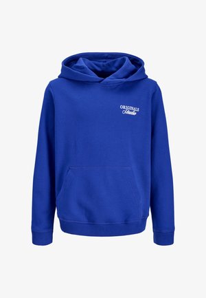 Blauwe hooded trui met voorzak en witte tekst "ORIGINALS Studio" op de linkerborst, lange mouwen en geribbelde boorden aan mouwen en zoom.