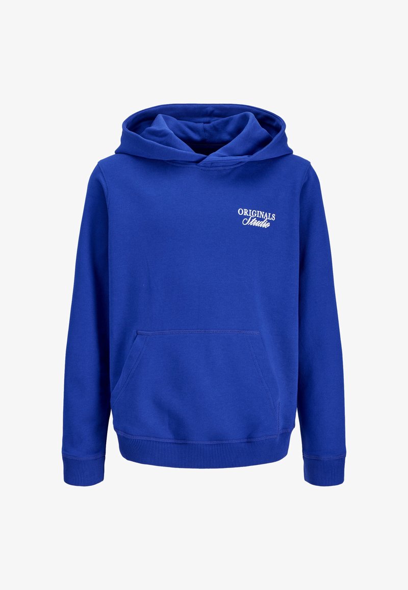 Sweat à capuche bleu avec poche avant et texte blanc « ORIGINALS Studio » sur le côté gauche de la poitrine, manches longues, et poignets et ourlet côtelés.