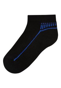 Chaussette noire pour la cheville avec une texture lisse, présentant un design de ligne bleue s'étendant du orteil au talon et des accents rayés sur le côté.