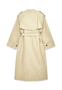 Beige trench coat with a belted waist, wide sleeves, and a layered back design. Made from smooth fabric with buttoned cuffs.