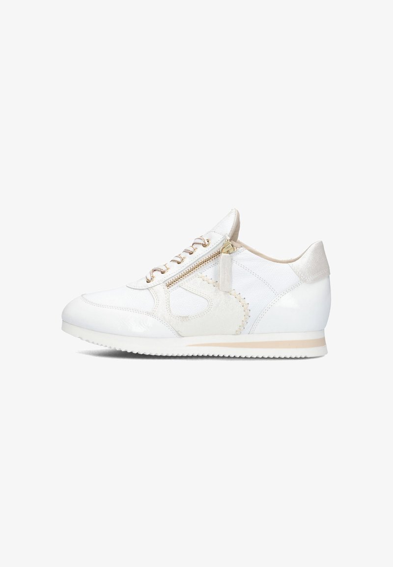 White sneakers with a textured design, featuring a side zipper, beige accents, and a lightweight rubber sole. Smooth leather and synthetic materials.