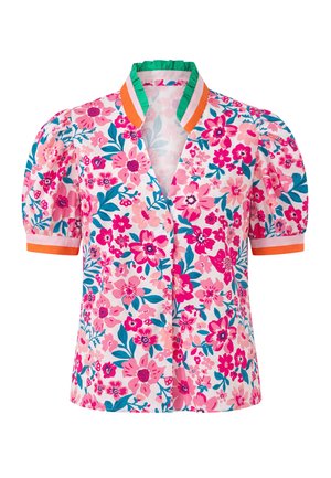 Korte mouwen blouse met levendige roze en blauwe bloemenprint, pofmouwen en een gekierde kraag met groene, oranje en witte bies.