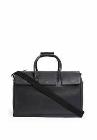 Schwarze Leder-Reisetasche mit strukturiertem Design, zwei oberen Griffen und abnehmbarem Schultergurt. Verfügt über eine Klappenverschluss und ein Logodetail.