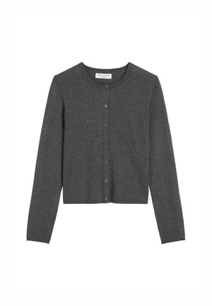 Cardigan gris à manches longues, encolure ronde et fermeture par boutons à l'avant. Ourlet et poignets côtelés, fabriqué dans un matériau texturé doux.