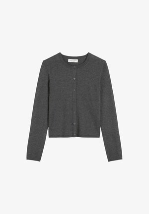 Grau Cardigan mit langen Ärmeln, rundem Halsausschnitt und Knopfverschluss vorne. Gerippter Saum und Manschetten, aus einem weichen, strukturierten Material gefertigt.