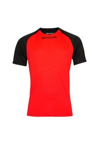 Červené sportovní tričko s krátkým rukávem a černými raglánovými rukávy, vyrobené z prodyšné tkaniny. Má kulatý výstřih a logo GIVOVA na přední straně.