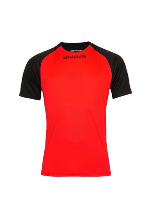 Rød kortærmet sports skjorte med sorte raglanærmer, lavet af åndbart stof. Har en rund halsudskæring og GIVOVA-logo på fronten.