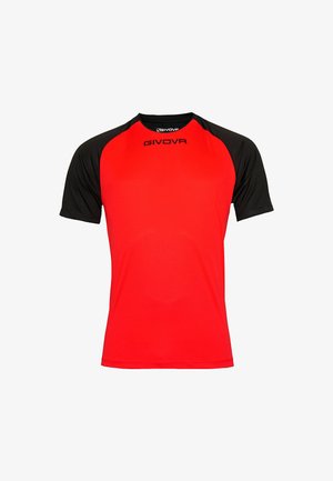 Rdeča športna majica s kratkimi rokavi z črnimi raglan rokavi, izdelana iz vdihljive tkanine. Ima okroglo ovratnico in GIVOVA logo spredaj.