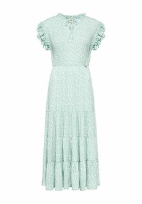 Miętowo-zielona sukienka w kwiaty z krótkimi falbanami, z gorsetem marszczonym i warstwową spódnicą. Posiada związywany dekolt oraz dekoracyjny guzik.