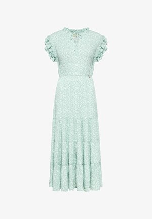 Miętowo-zielona sukienka w kwiaty z krótkimi falbanami, z gorsetem marszczonym i warstwową spódnicą. Posiada związywany dekolt oraz dekoracyjny guzik.