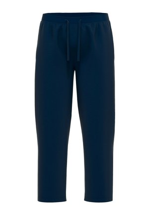 Navyblauwe cropped broek van zachte stof, met een elastische tailleband met een trekkoord en rechte pijpen.