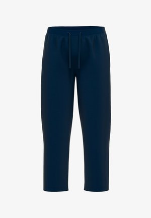 Navy blue cropped pants made of soft fabric, featuring an elastic waistband with a drawstring and straight leg cut.