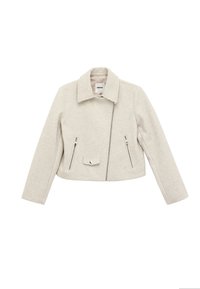 Giacca corta grigio chiaro con colletto, zip frontale e due tasche con zip. Tessuto morbido e testurizzato con dettagli minimi.