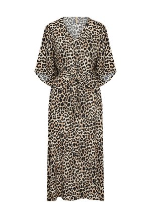 Leopárdmintás, v nyakú, rövid ujjú, megkötős ruhát magába foglaló darab. Puha anyagból készült, bézs és fekete színkombinációval.